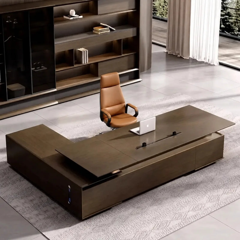 Hiley desk, right return, in a forest-view lawyer's office