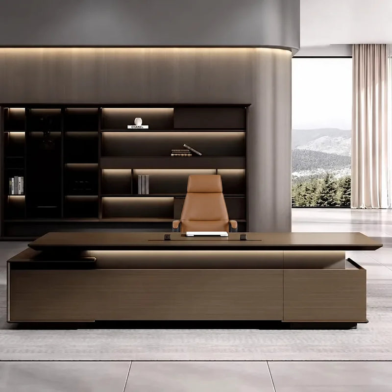 Hiley desk in a dark executive suite with curved ceiling light