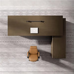 Hiley desk from above with cognac chair on patterned rug