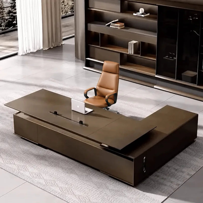 Hiley desk, left return, in a showroom with tan chair