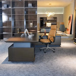 Hiley desk with cream leather chair in an open showroom