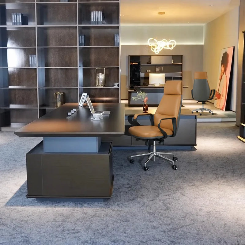 Hiley desk with cream leather chair in an open showroom