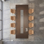 Top-down view of the Hunter spacious conference table seating 8 with sliding power modules on the center runner