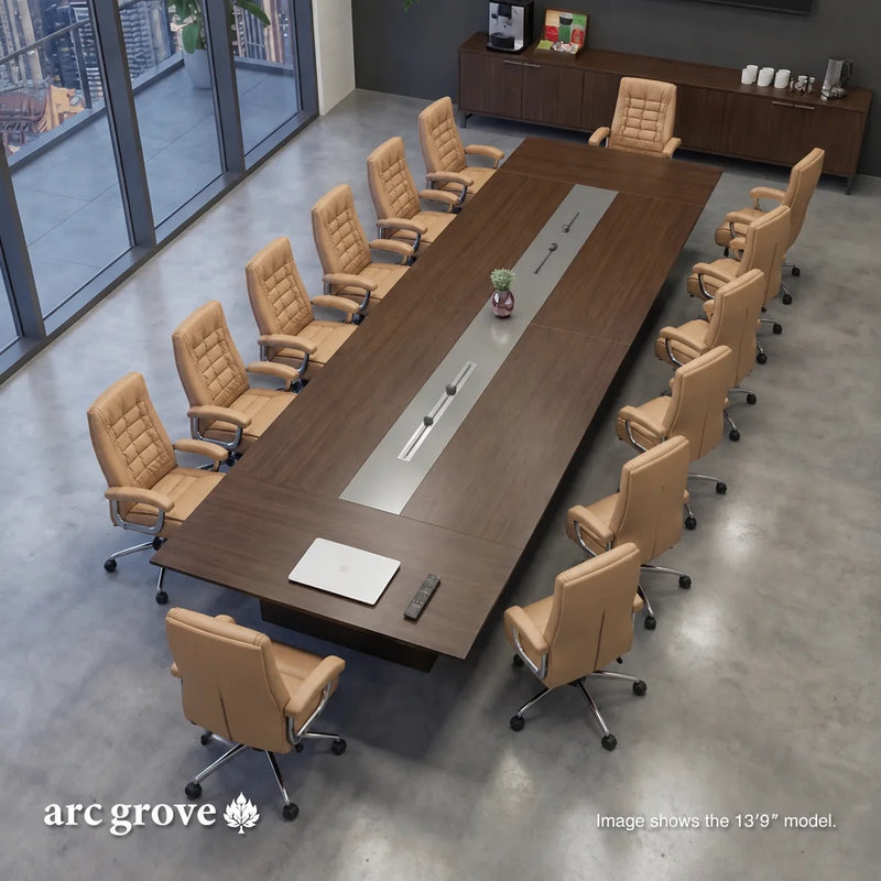 Overhead view of the Hunter grand boardroom table seating 16 with two power runners and a laptop