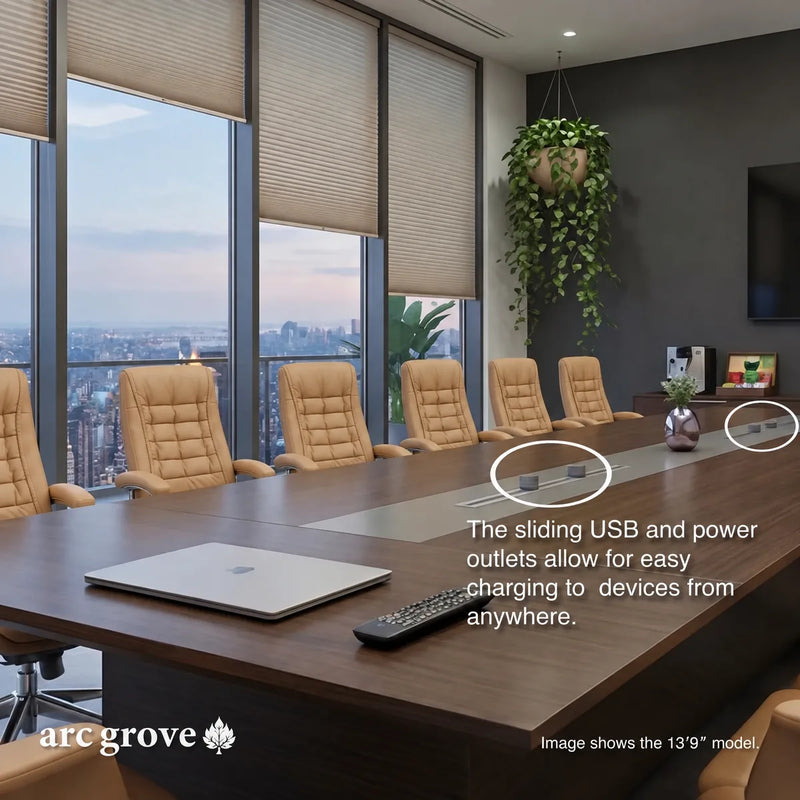 Hunter tabletop close up with sliding USB and power outlets highlighted, laptop and remote