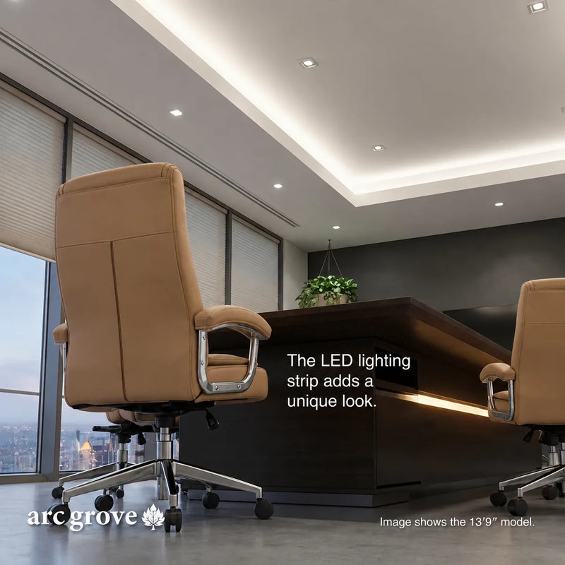 Hunter LED lighting strip glowing beneath the table edge, tan leather chair in the foreground