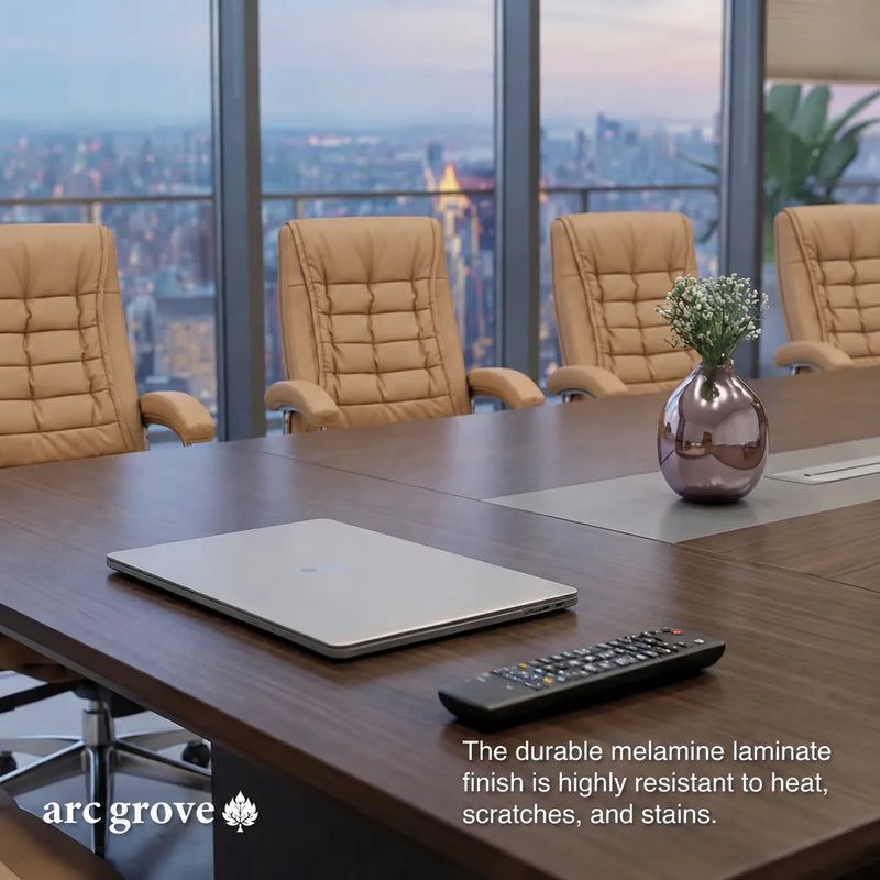 Hunter laminate tabletop with a laptop, remote and vase, close view by the window