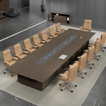 Hunter 15′9″ or 19′8″ (189 or 236-inch) conference table seating 14 to 18, angled overhead view on a striped rug