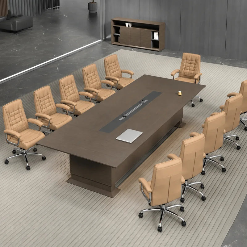 Hunter 12′ (144-inch) conference table seating 12 in tan chairs, angled overhead view