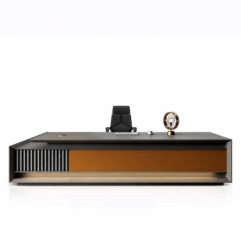 Hurst desk front-on with under-top glow and desk clock