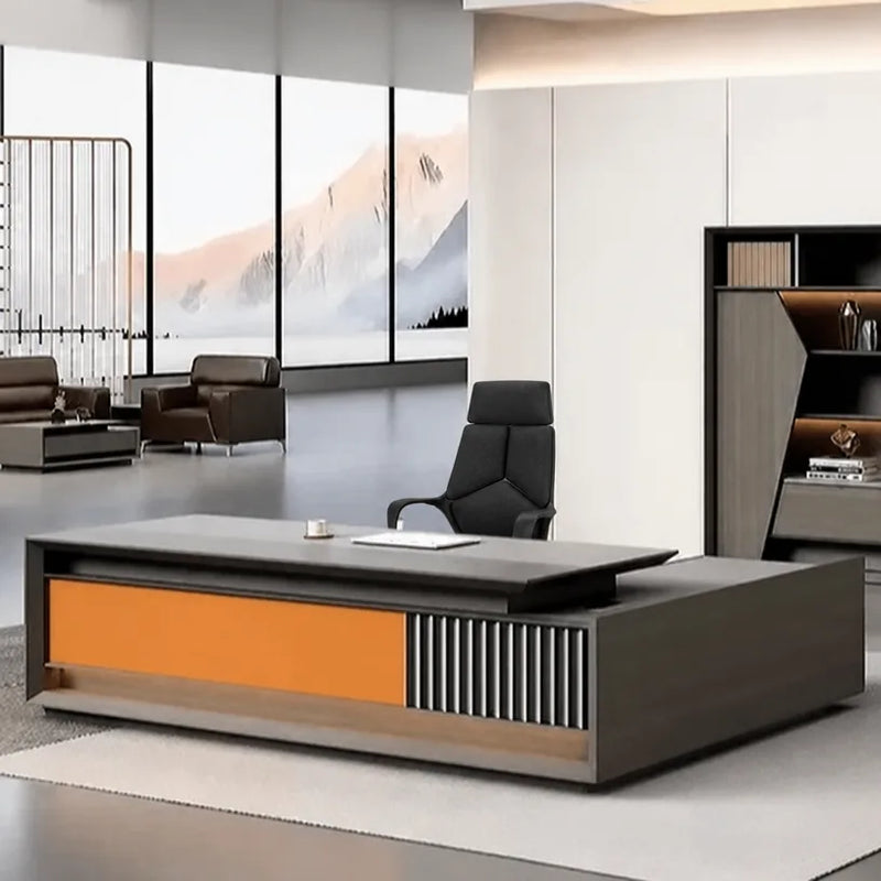 Hurst desk, left return, orange panel forward