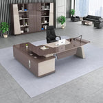 Huxley manager desk with glass-smooth top, right return, city window