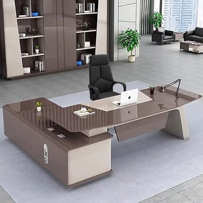 Huxley manager desk with glass-smooth top, right return, city window
