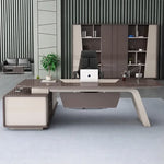 Huxley desk with under-desk drawer pod and shelf wall