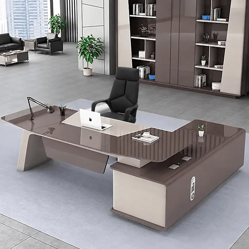 Huxley desk, left return, gloss top over cream pedestal
