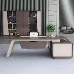 Huxley desk in taupe gloss in a striped-wall office
