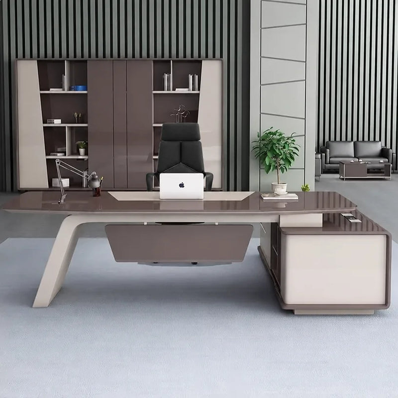 Huxley desk in taupe gloss in a striped-wall office