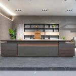 Kaius large desk in a taupe office with copper-lined shelving