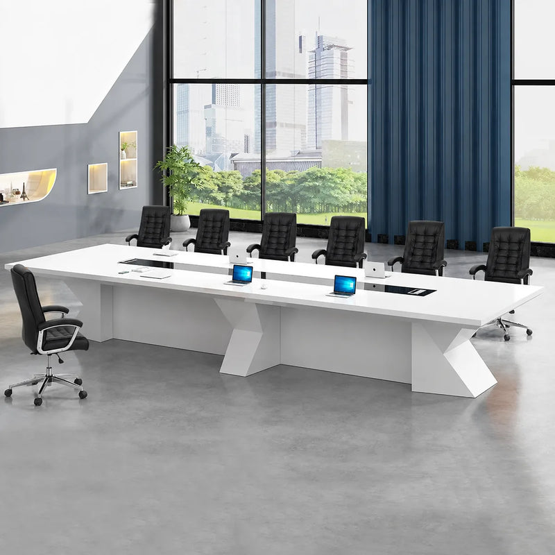 Kendrix large white high-gloss conference table with a row of orange chairs beside floor-to-ceiling windows