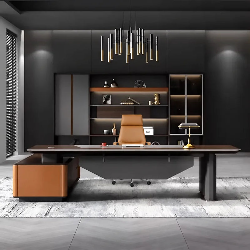 Kitley desk centered under black pendant cluster