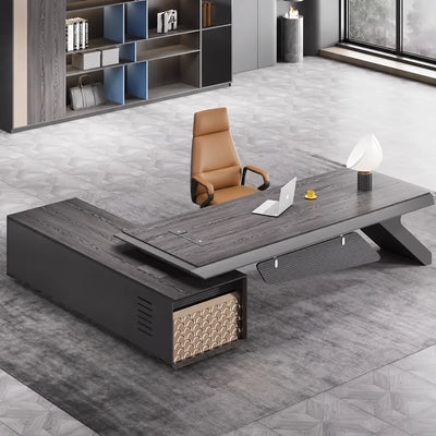 Krosno manager desk, right return, with blue-accent shelving