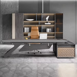 Krosno desk in barnwood gray by a window with blinds