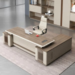 Lauder desk, left return, cream base with walnut slats