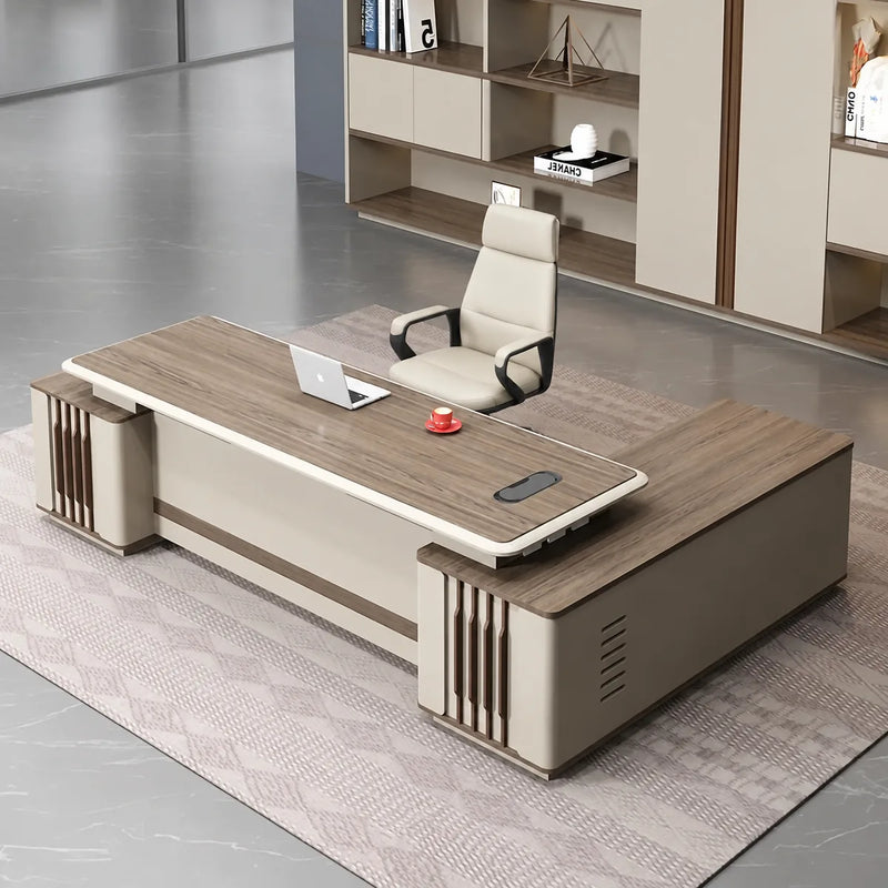 Lauder desk, left return, cream base with walnut slats