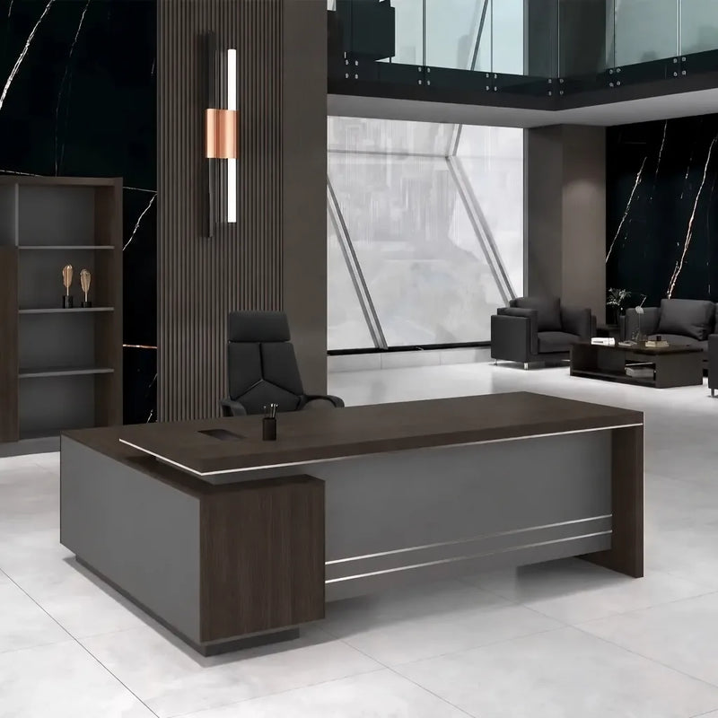 Leeds desk, right return, in a black-marble office with copper sconce