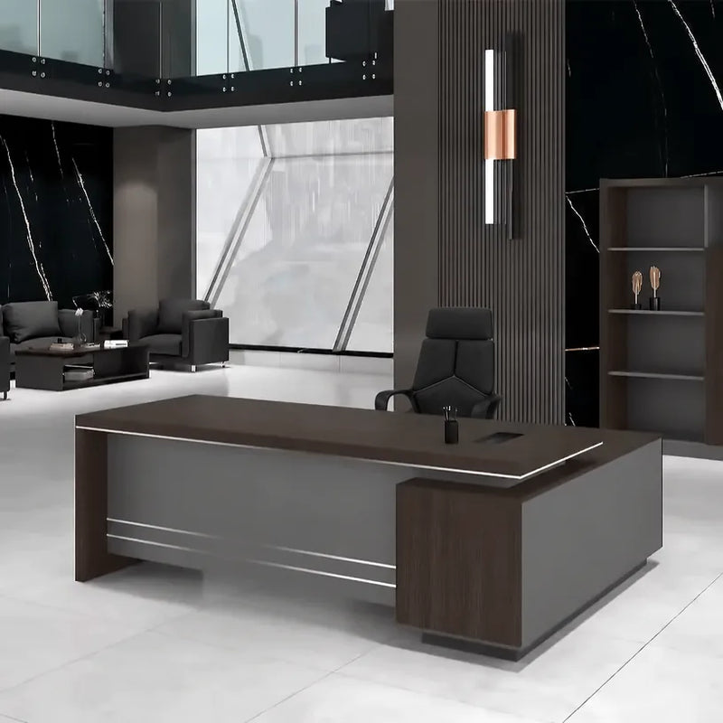 Leeds desk, left return, gray front panels forward