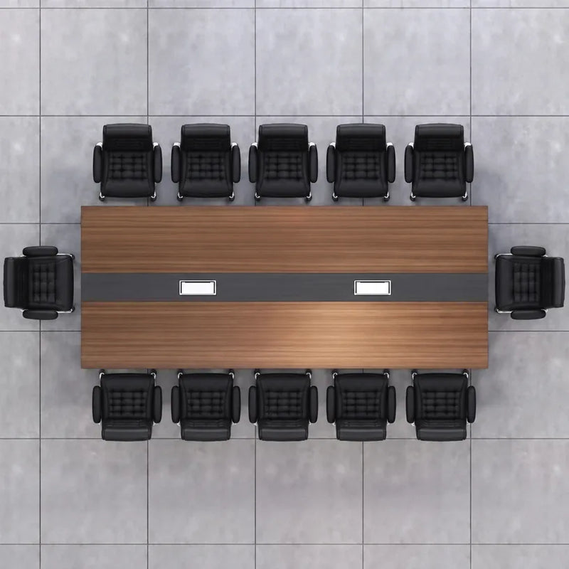 Top-down view of the Levan conference table seating 12 with two cable management grommets