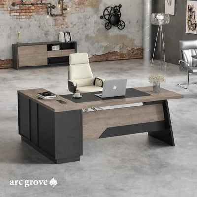 Linton desk, 6′7″ width with right return, cream chair