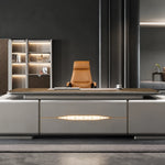 Lucerne desk front-on, gold lattice light strip centered