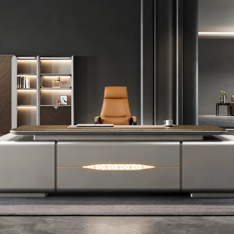Lucerne desk front-on, gold lattice light strip centered