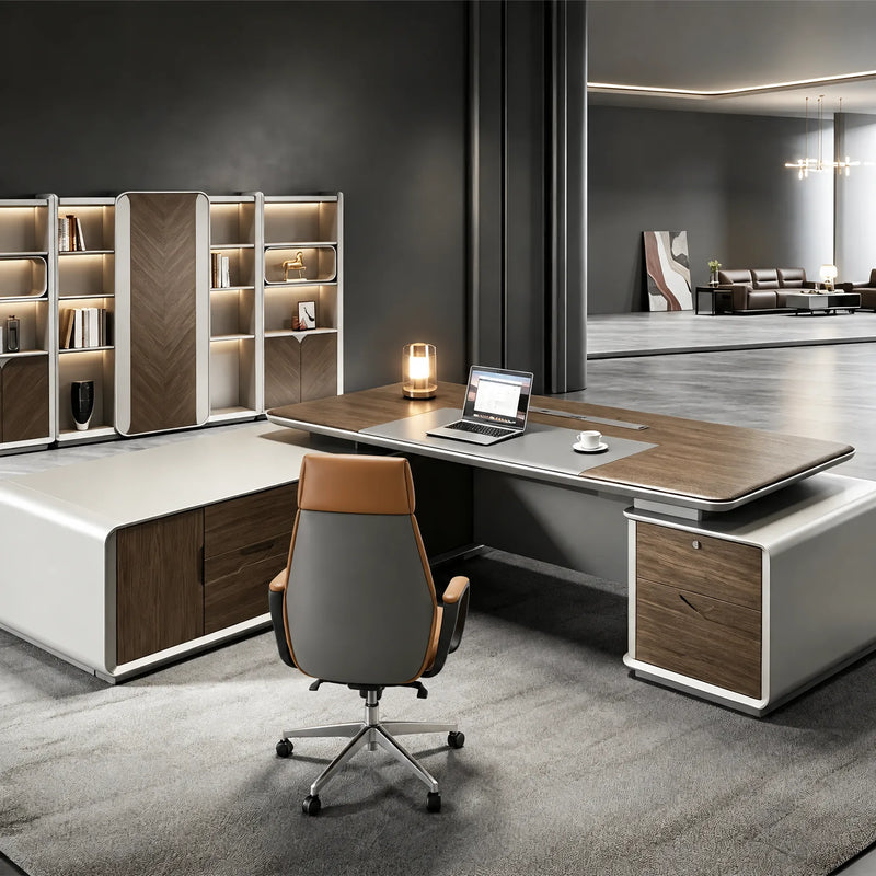 Lucerne desk with cognac chair and walnut pedestal
