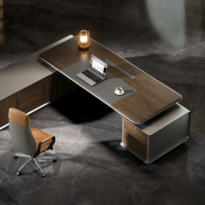 Lucerne desk from above on marble, lamp glowing