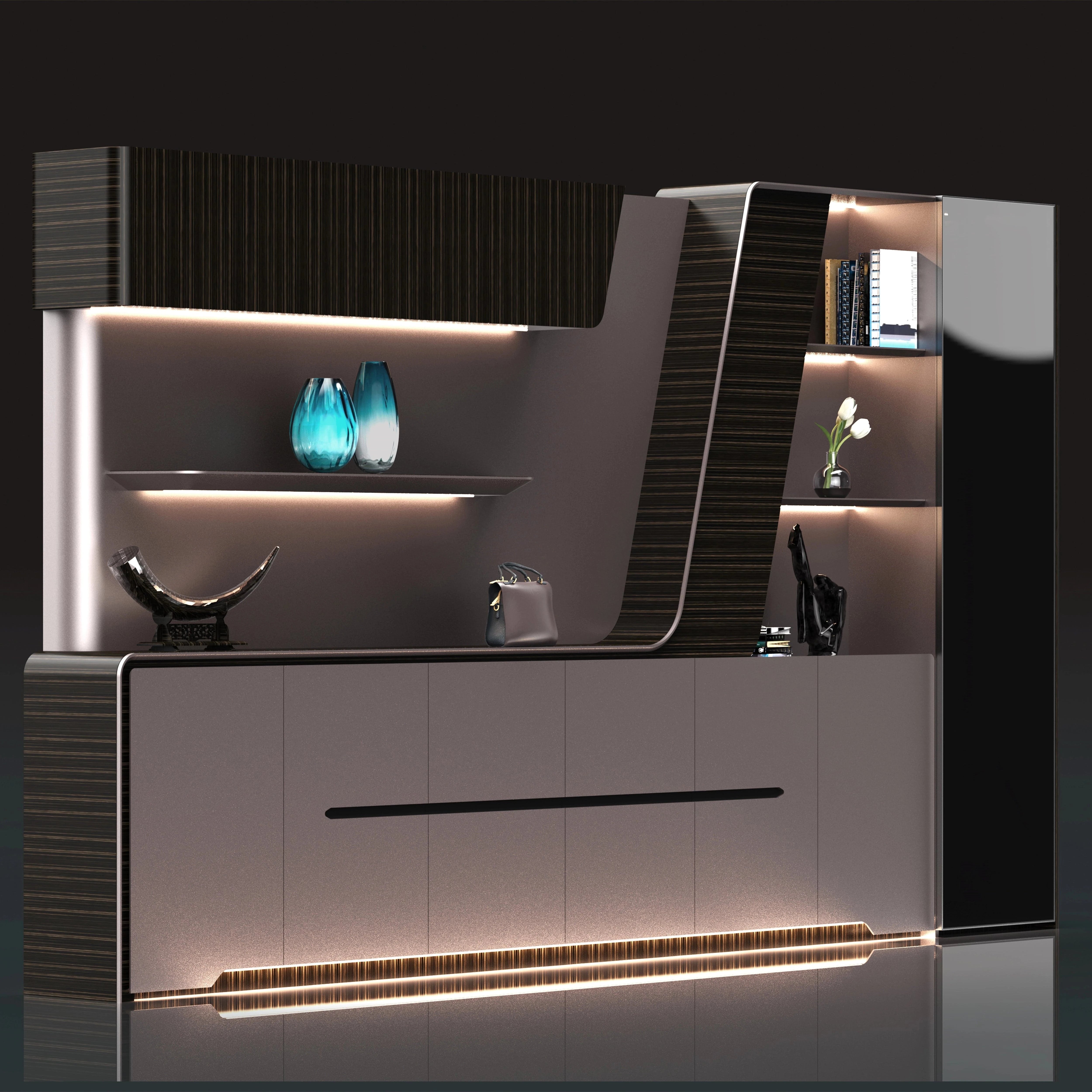 Lucia · Modern Office Shelves w/ Lighting & Storage