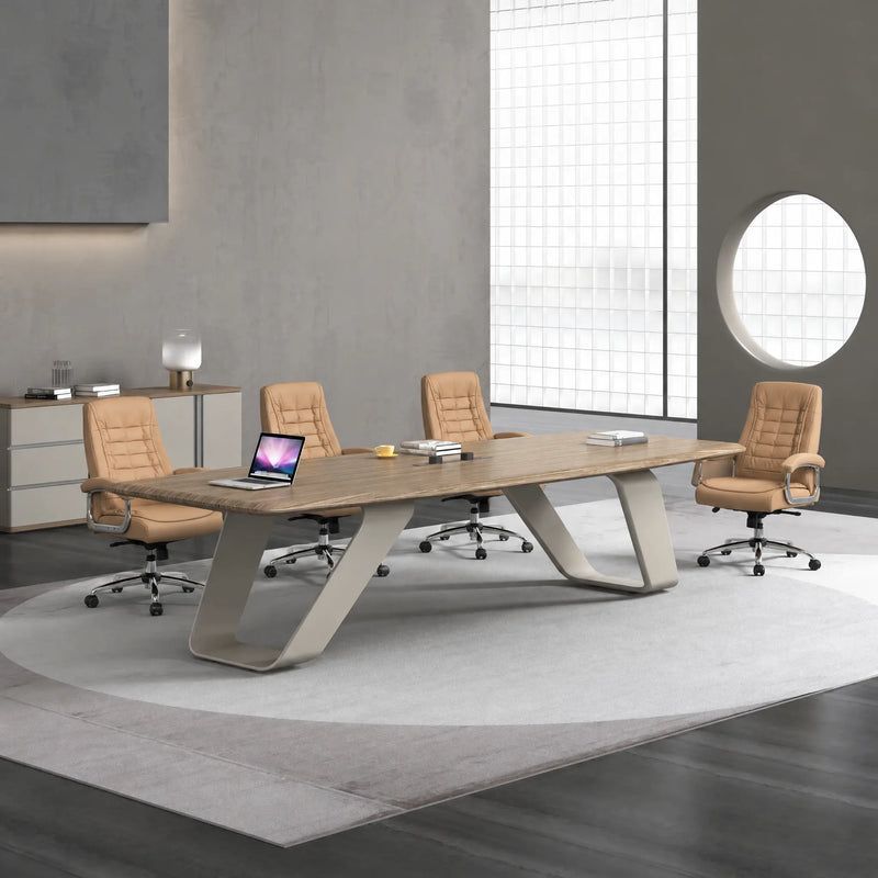 Lyndley 11′10″ (142-inch) conference table seating 12 in a gray room with a round porthole window