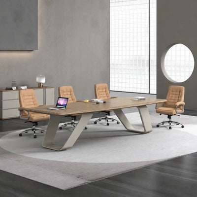 Lyndley 11′10″ (142-inch) conference table seating 12 in a gray room with a round porthole window