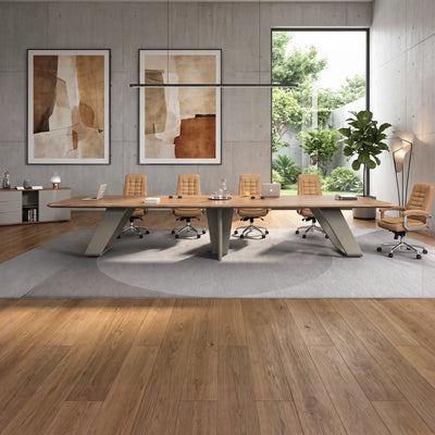 Lyndley executive conference table with tan chairs viewed straight on beneath a floating light panel