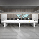 Lynix white boardroom table with tan chairs in a slatted-wall meeting room with a world map