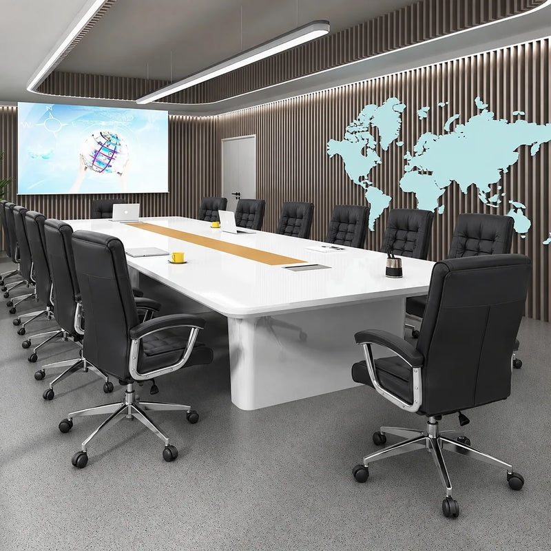 Lynix white conference table with tan chairs viewed from the far end, screen and map on the walls