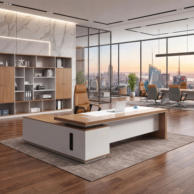 Lynx CEO desk, right return, in a sunset skyline office