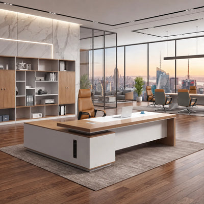 Lynx CEO desk, right return, in a sunset skyline office