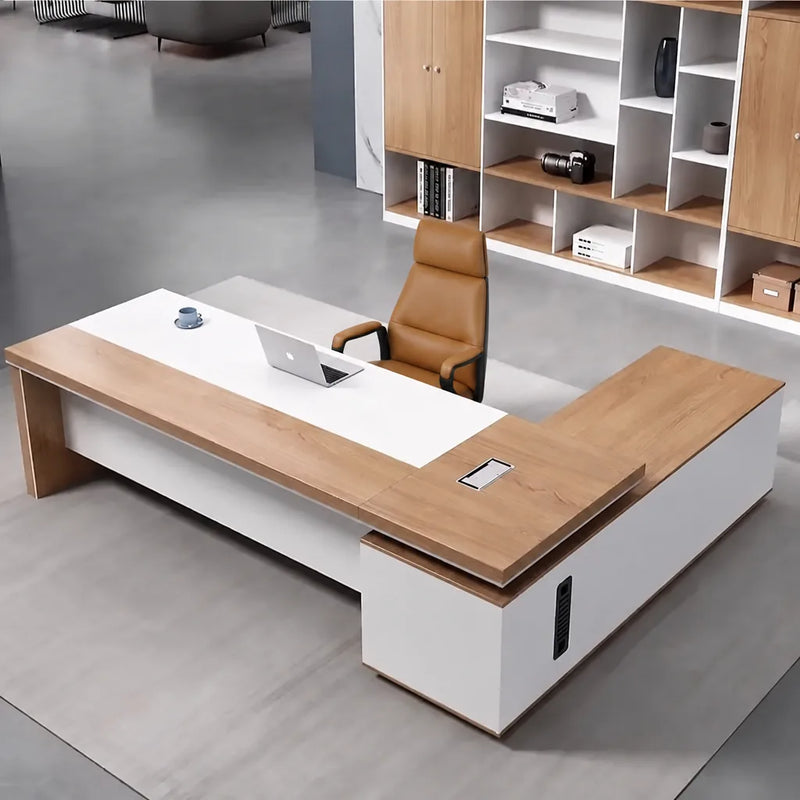 Lynx L-shaped desk overhead with cable ports visible