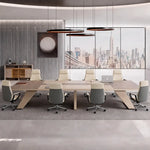 Lyric gray oak boardroom table with tan chairs beneath round pendants and a Manhattan skyline window