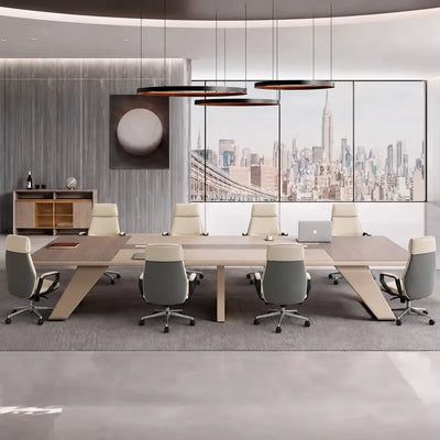Lyric gray oak boardroom table with tan chairs beneath round pendants and a Manhattan skyline window