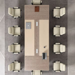 Top-down view of the Lyric conference table seating 10 with two cable management grommets