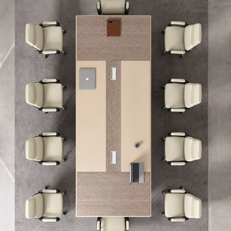 Top-down view of the Lyric conference table seating 10 with two cable management grommets
