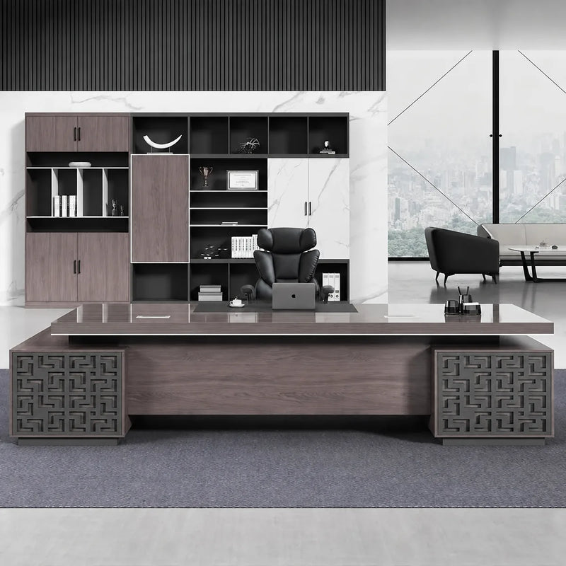 Magnus grand desk with fretwork pedestals and black chair